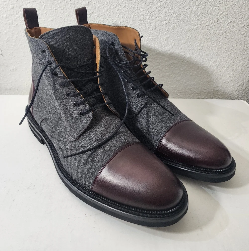TAFT Jack Boot Men’s Gray Wool Lace Up Ankle Boots Burgundy Leather Size 13